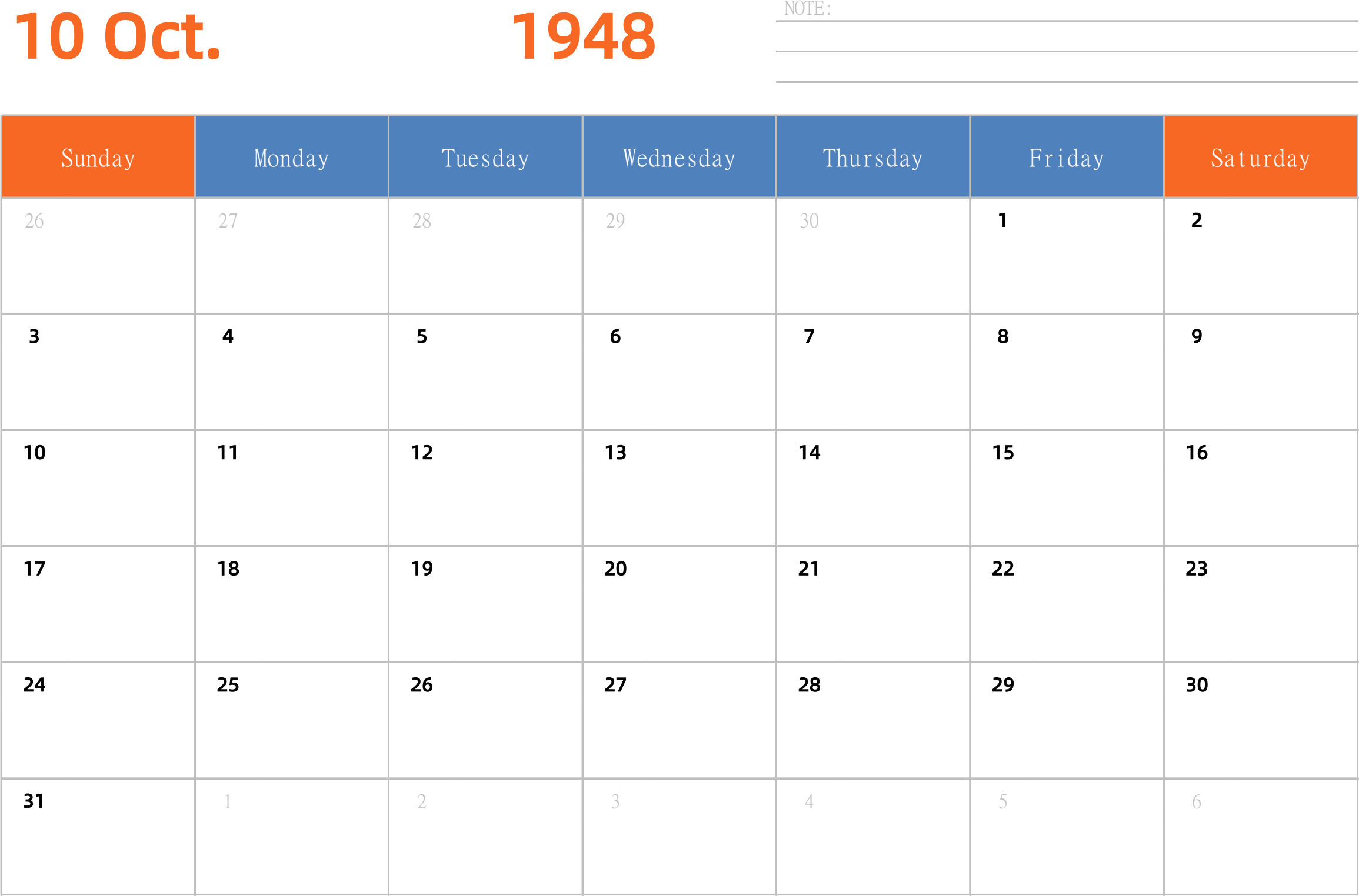 日历表1948年日历 英文版 横向排版 周日开始